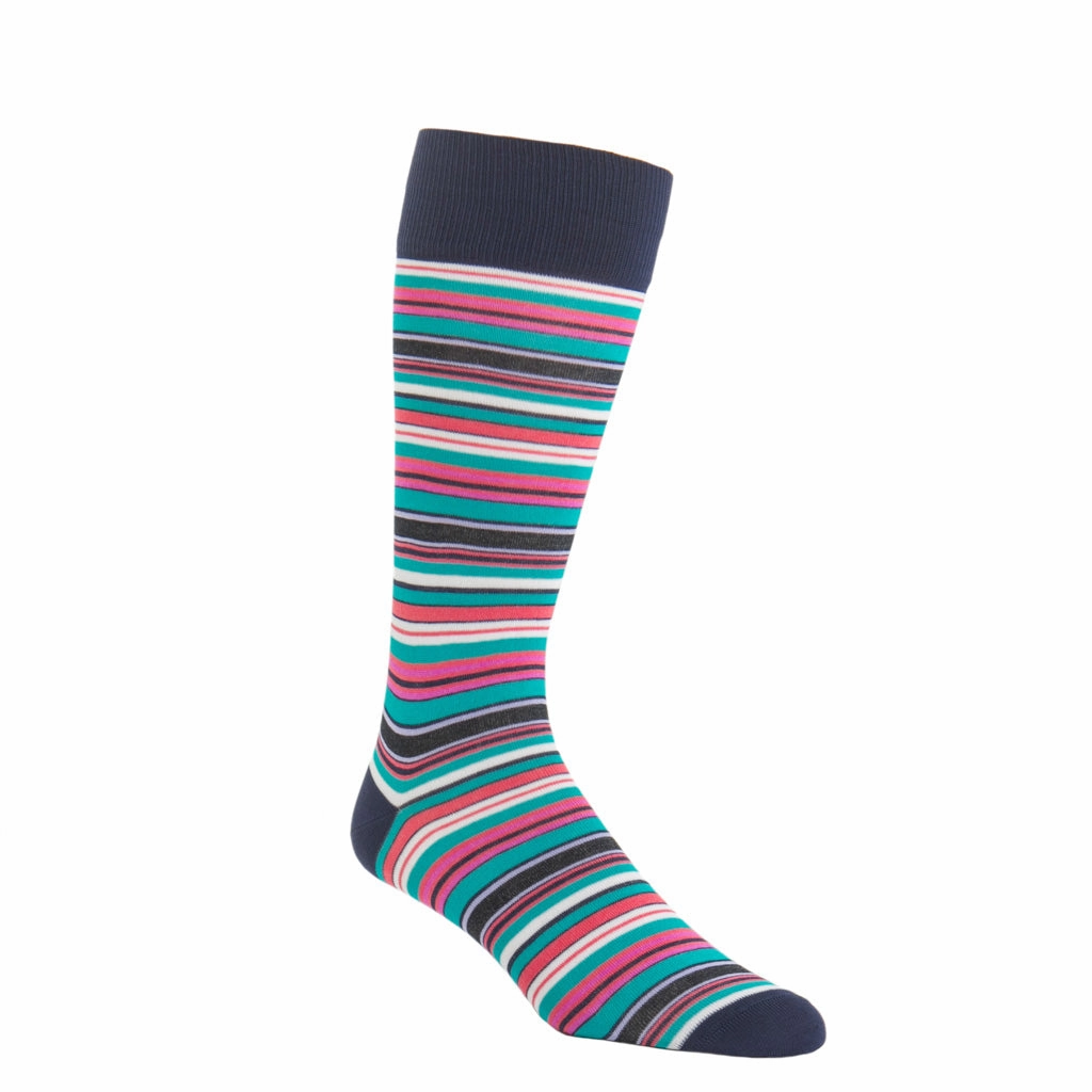 Cl. Navy, with White, Azure Blue, Coral, Rose, Lavender and Ceramic Variegated Stripe Cotton Sock Linked Toe OTC