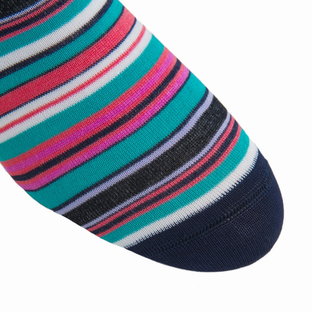 Cl. Navy, with White, Azure Blue, Coral, Rose, Lavender and Ceramic Variegated Stripe Cotton Sock Linked Toe OTC