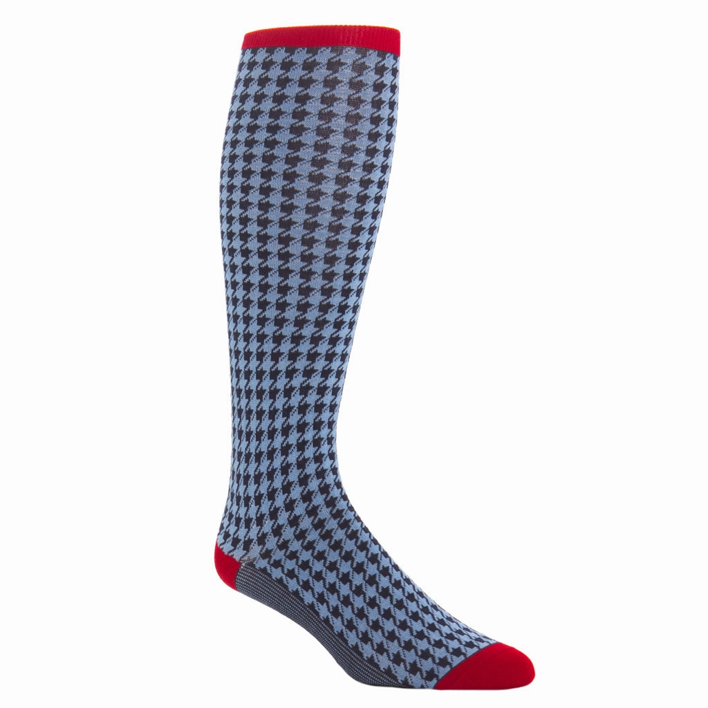 Classic Navy and Azure Blue Large Houndstooth with Red Tipping Cotton Sock Linked Toe OTC