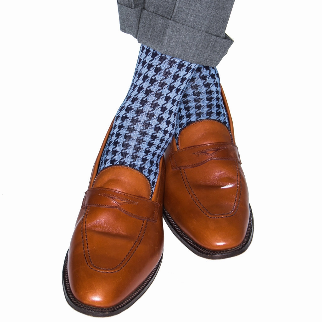 Classic Navy and Azure Blue Large Houndstooth with Red Tipping Cotton Sock Linked Toe OTC