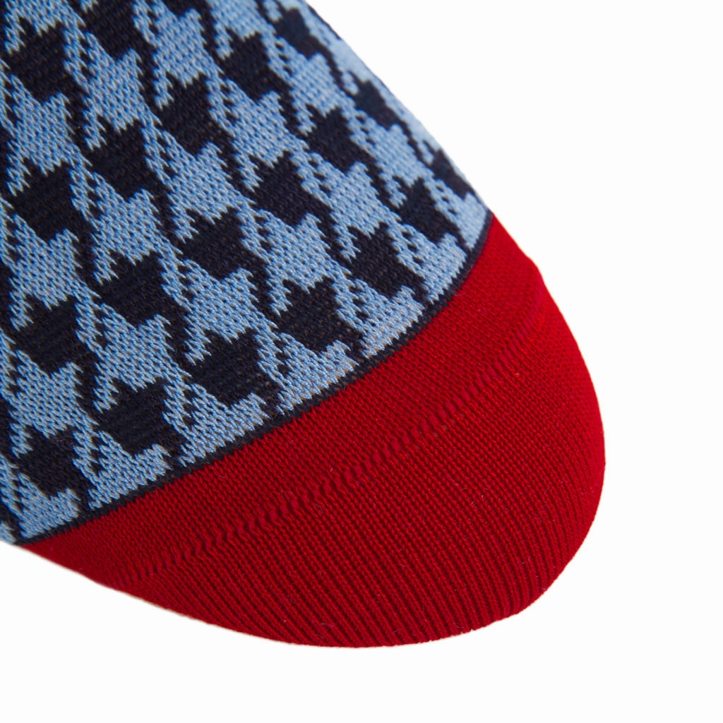 Classic Navy and Azure Blue Large Houndstooth with Red Tipping Cotton Sock Linked Toe OTC