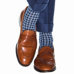 Classic Navy and Azure Blue Large Houndstooth with Red Tipping Cotton Sock Linked Toe OTC