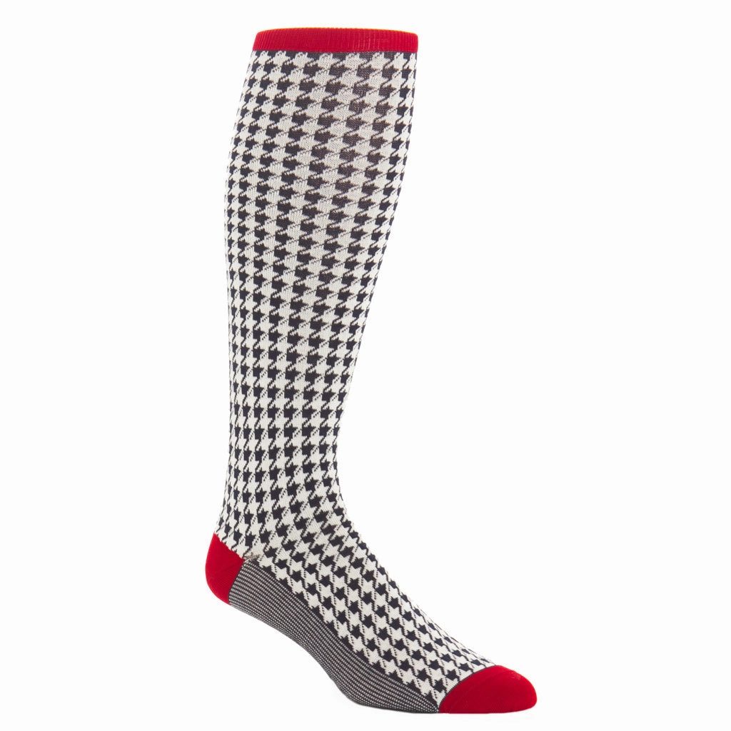 Classic Navy and Cream Large Houndstooth with Red Tipping Cotton Sock Linked Toe OTC