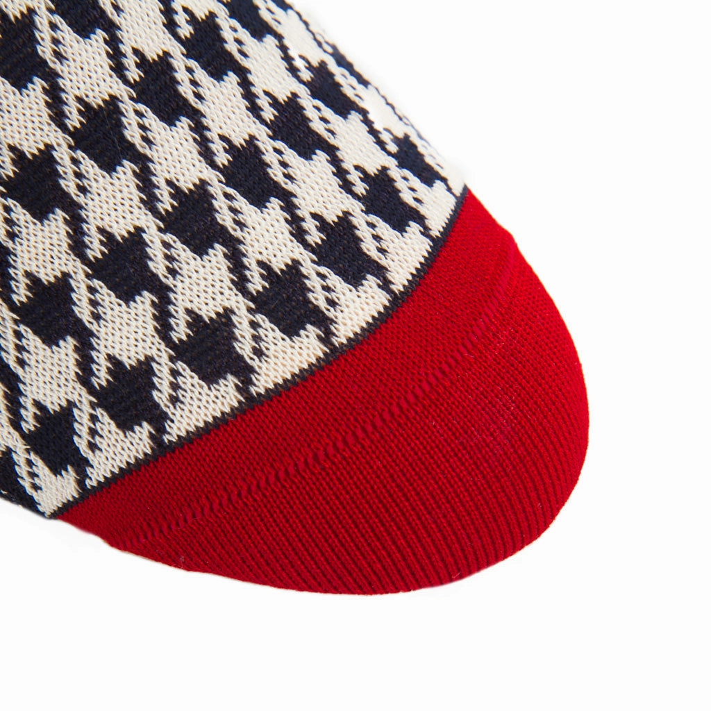 Classic Navy and Cream Large Houndstooth with Red Tipping Cotton Sock Linked Toe OTC