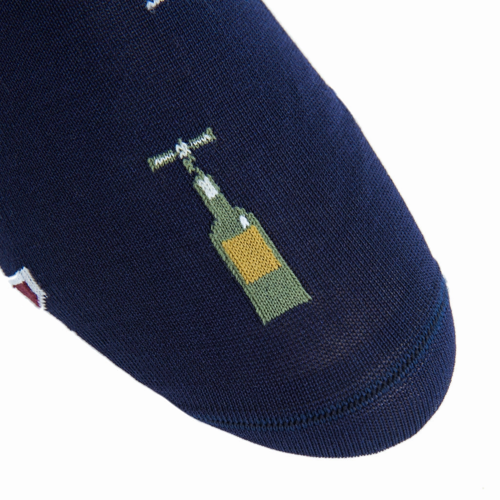 Classic Navy w/Pine Green, Merlot, and Gold Wine Glass/Bottle Cotton Sock Linked Toe Mid-Calf