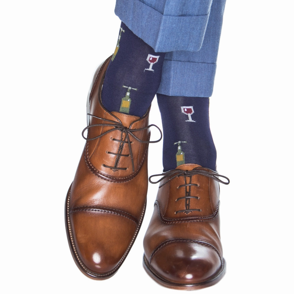 Classic Navy w/Pine Green, Merlot, and Gold Wine Glass/Bottle Cotton Sock Linked Toe Mid-Calf