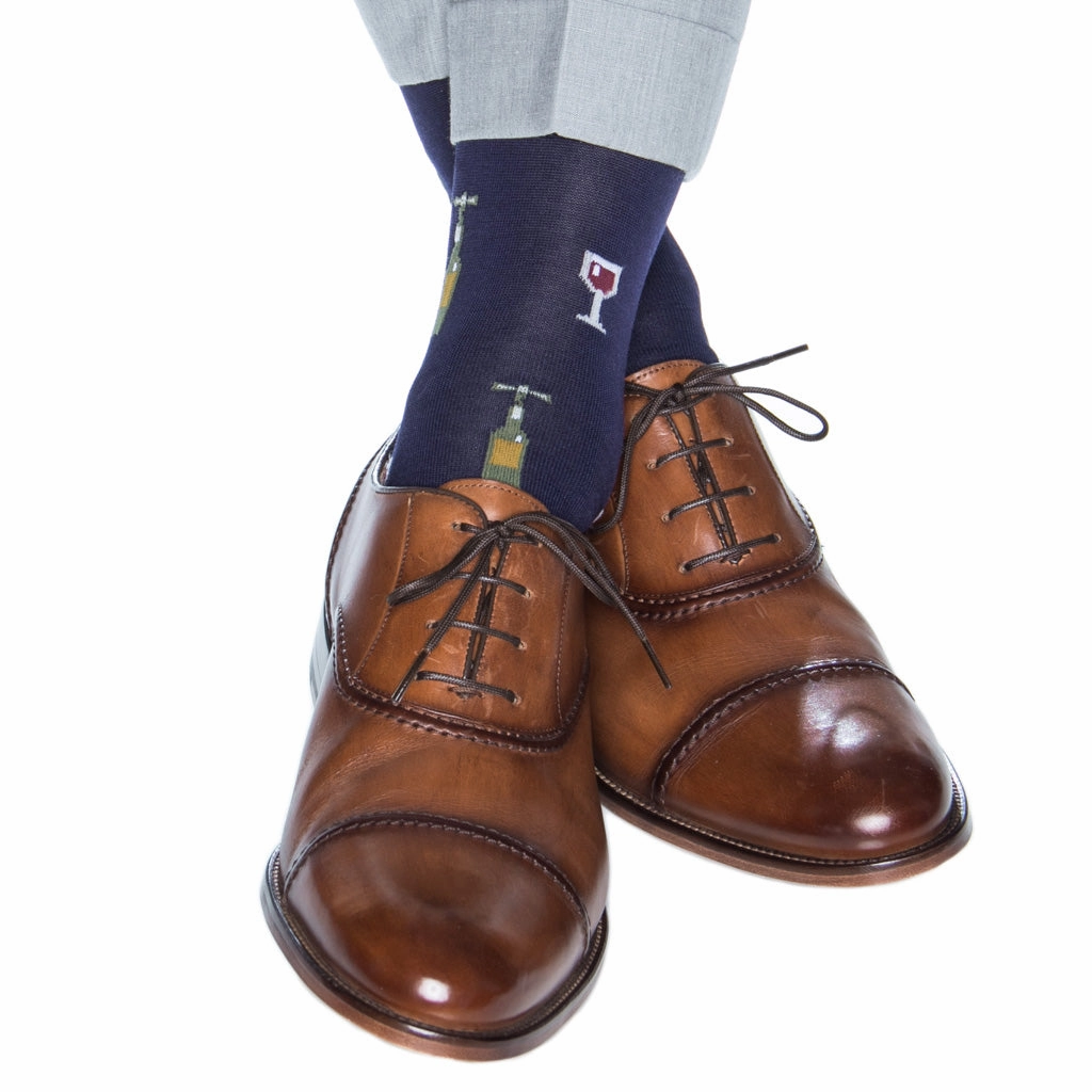 Classic Navy w/Pine Green, Merlot, and Gold Wine Glass/Bottle Cotton Sock Linked Toe Mid-Calf
