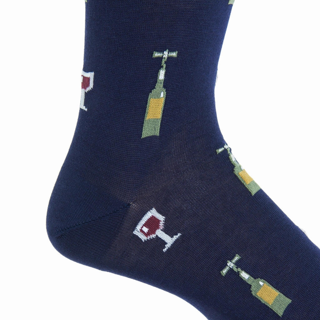 Classic Navy w/Pine Green, Merlot, and Gold Wine Glass/Bottle Cotton Sock Linked Toe Mid-Calf