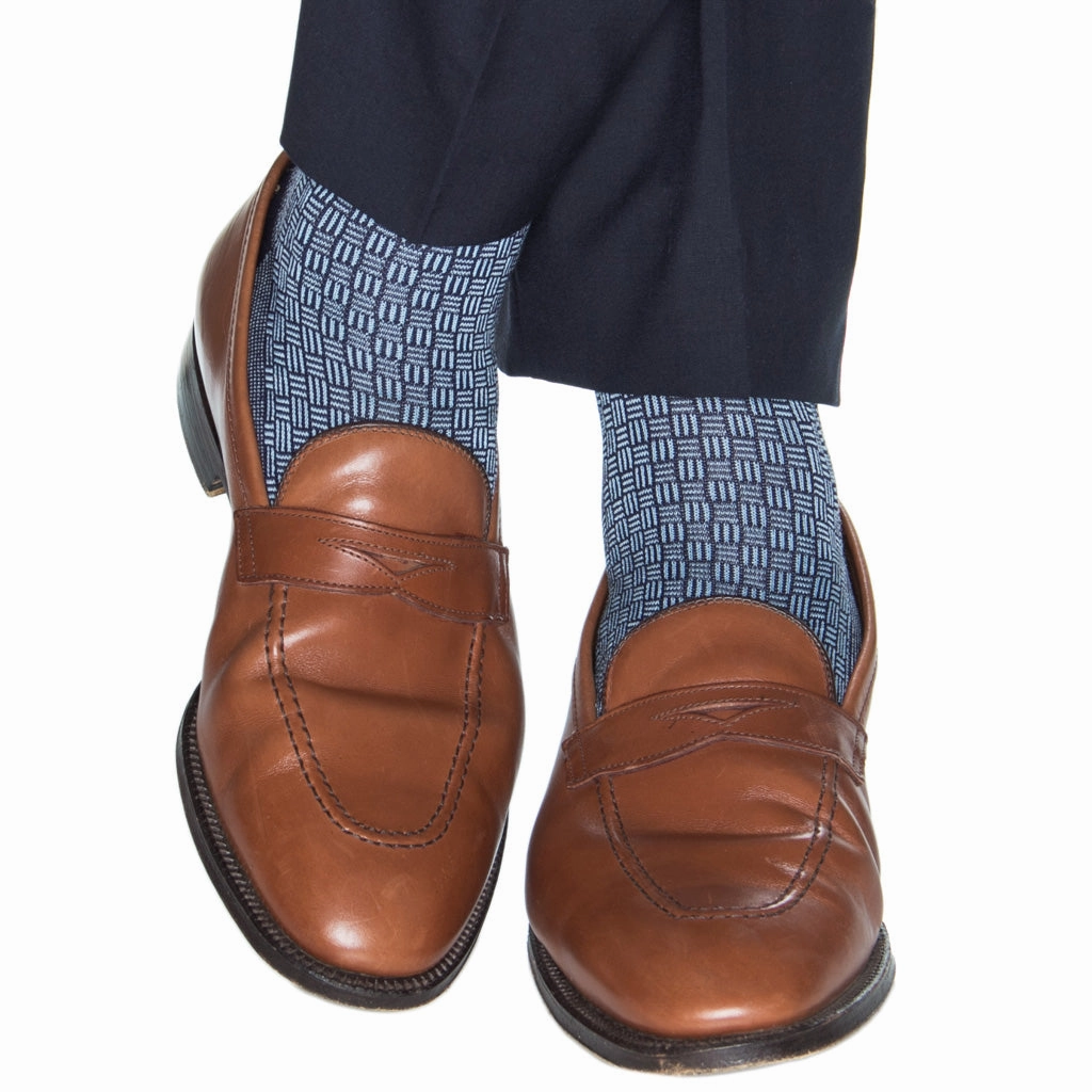 Classic Navy w/Sky Blue Cross Hatch Cotton Sock Linked Toe Mid-Calf