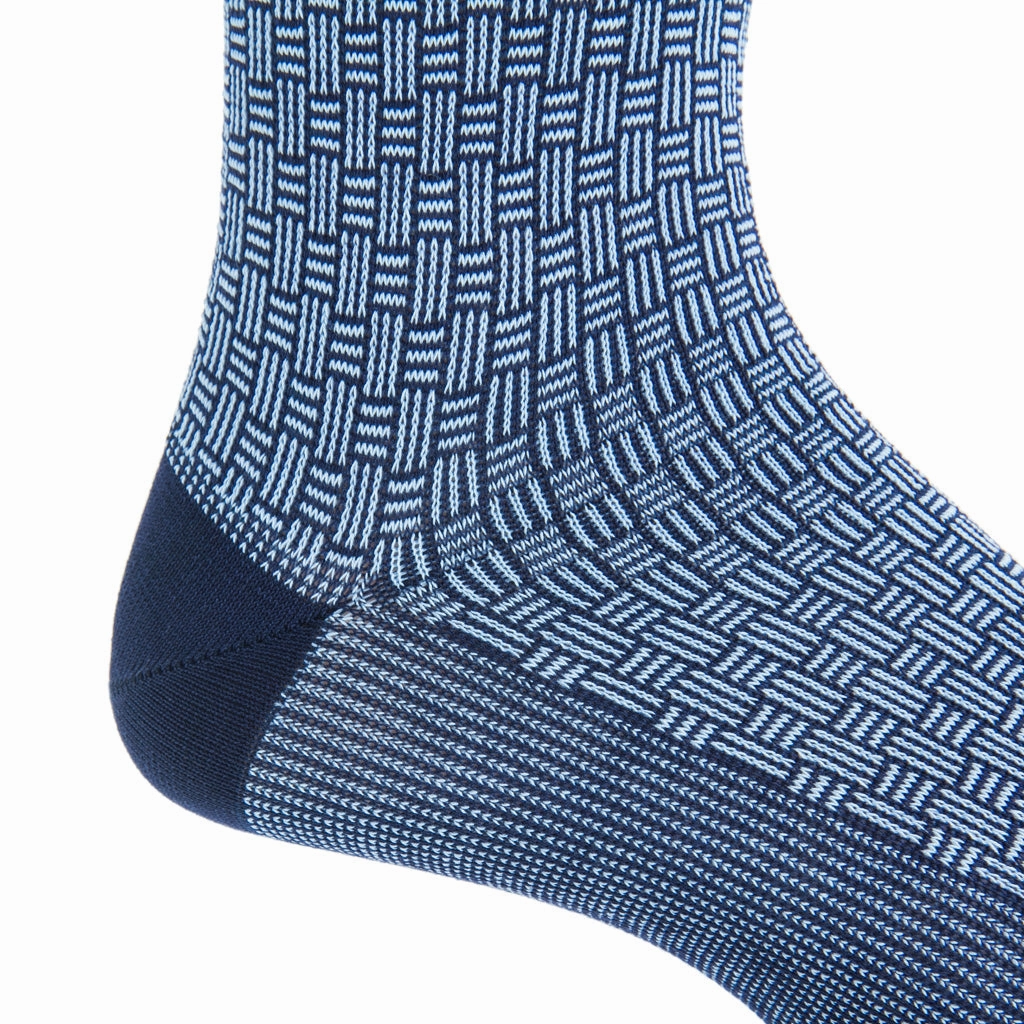 Classic Navy w/Sky Blue Cross Hatch Cotton Sock Linked Toe Mid-Calf
