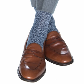 Classic Navy w/Sky Blue Cross Hatch Cotton Sock Linked Toe Mid-Calf