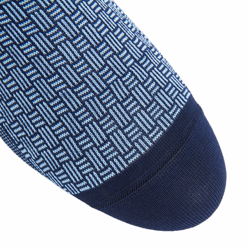 Classic Navy w/Sky Blue Cross Hatch Cotton Sock Linked Toe Mid-Calf