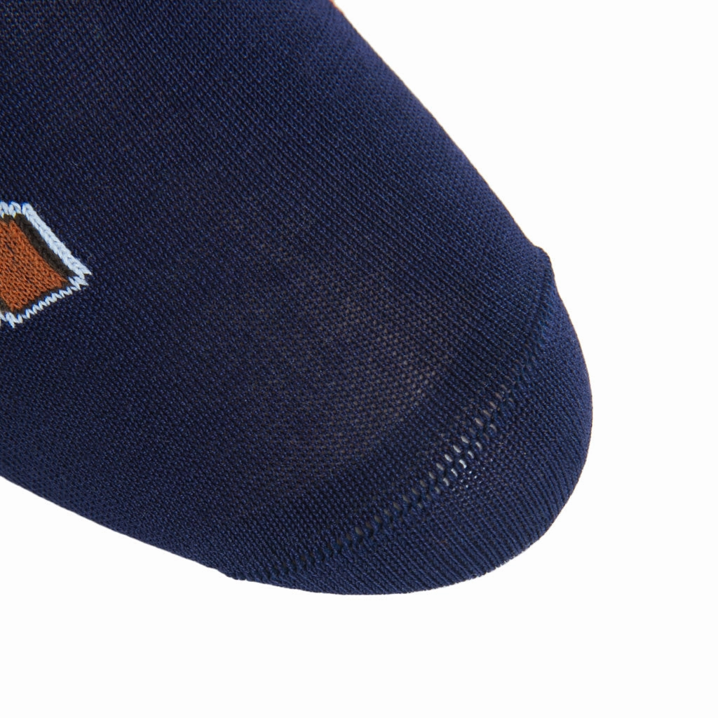 Classic Navy with Burnt Orange and Red Bourbon Bottle Cotton Sock Linked Toe Mid-Calf