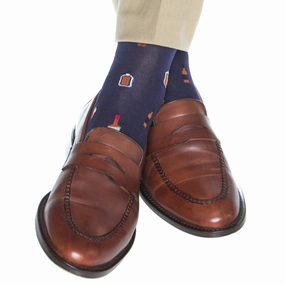 Classic Navy with Burnt Orange and Red Bourbon Bottle Cotton Sock Linked Toe Mid-Calf