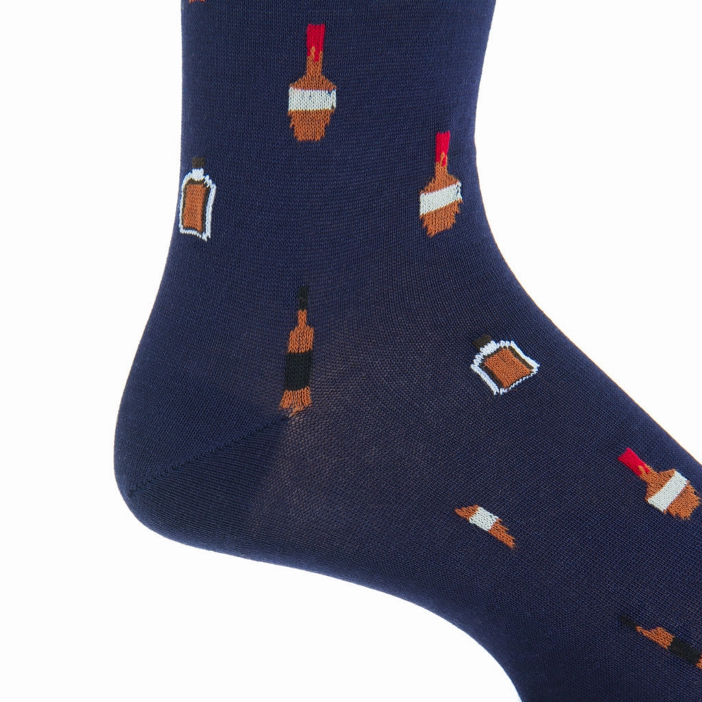 Classic Navy with Burnt Orange and Red Bourbon Bottle Cotton Sock Linked Toe Mid-Calf