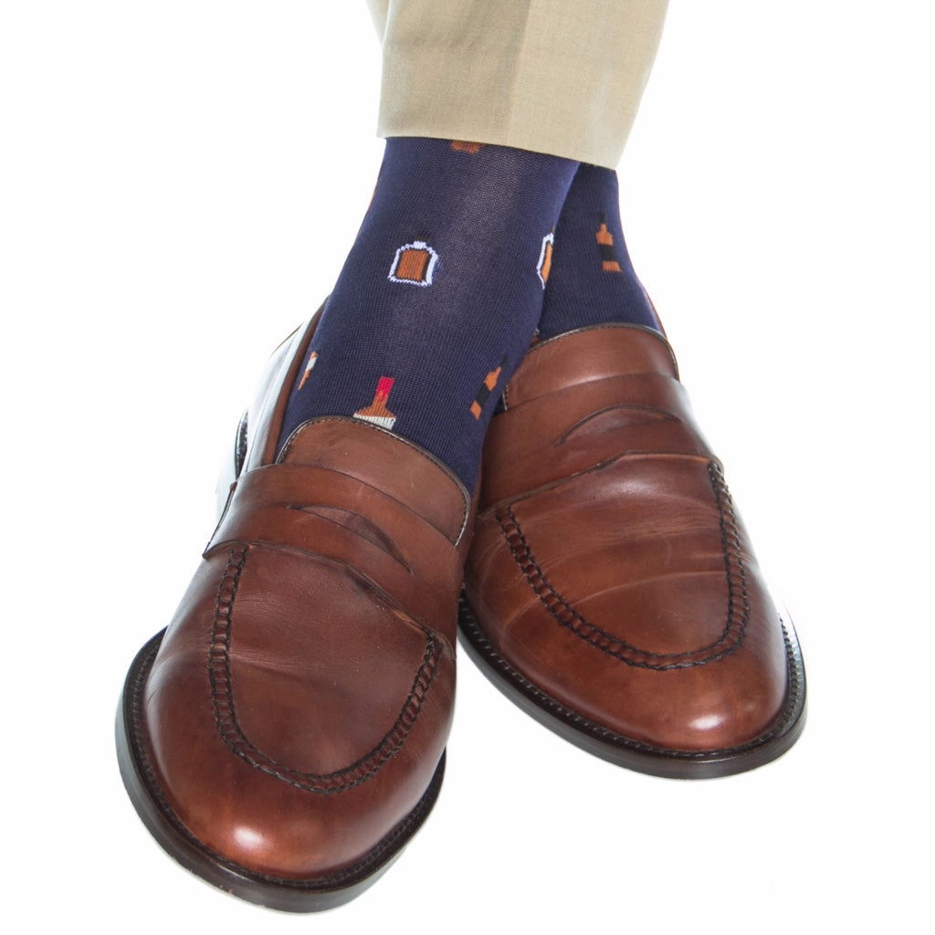 Classic Navy with Burnt Orange and Red Bourbon Bottle Sock Cotton Linked Toe OTC
