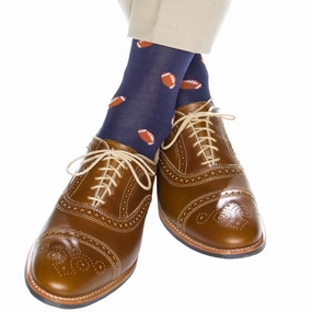 Classic Navy with Burnt Orange Football Cotton Sock Linked Toe Mid-Calf