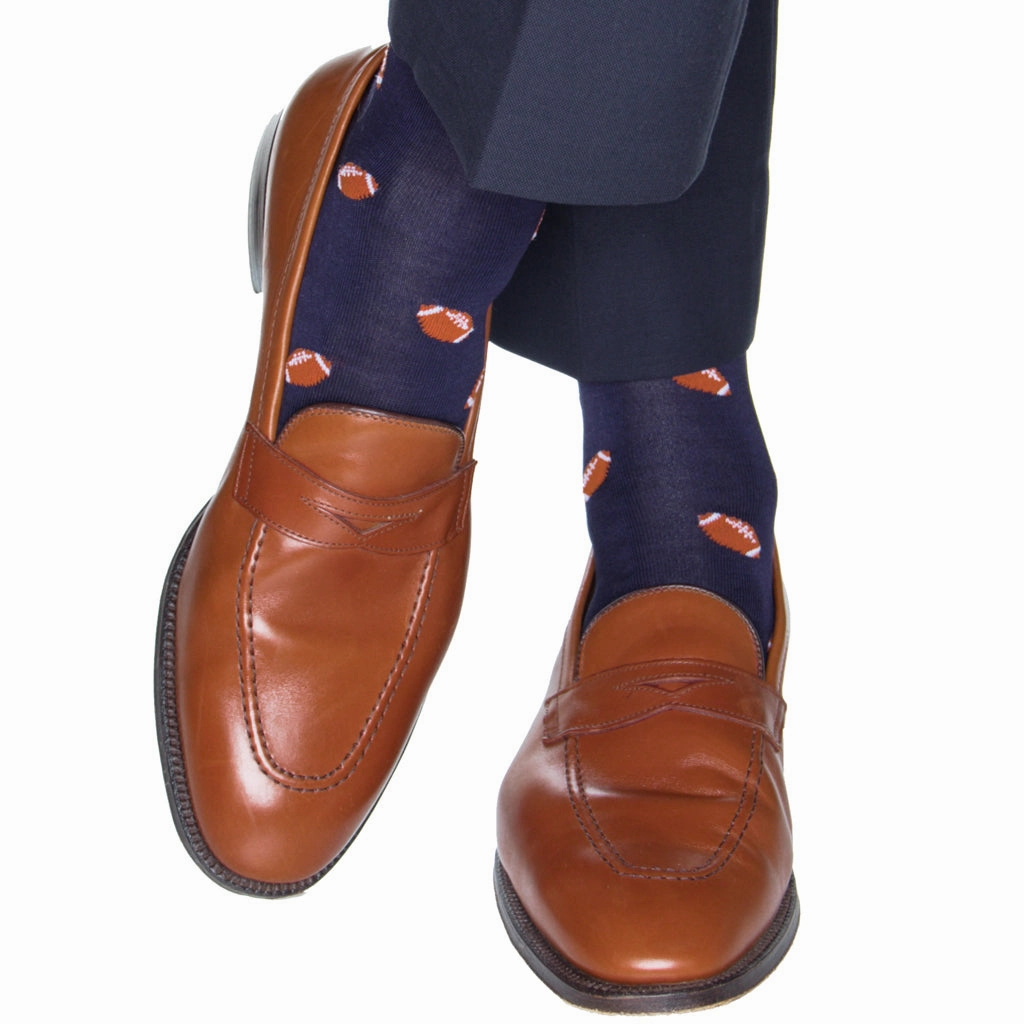 Classic Navy with Burnt Orange Football Cotton Sock Linked Toe Mid-Calf