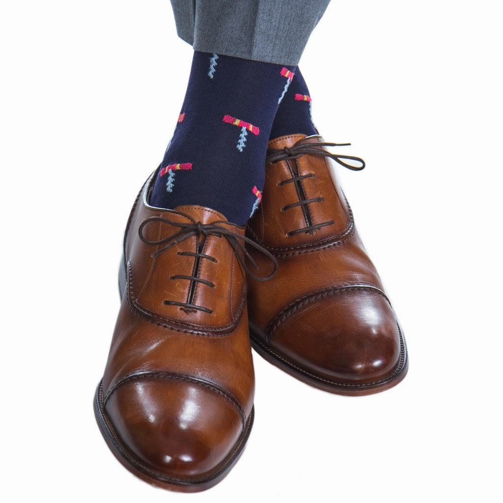 Classic Navy with Coral, Cream, Ash Corkscrew Cotton Sock Linked Toe OTC