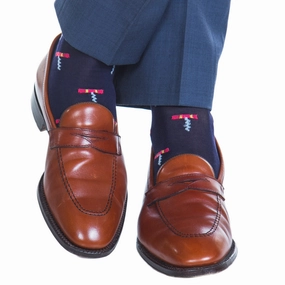 Classic Navy with Coral, Cream, Ash Corkscrew Cotton Sock Linked Toe OTC