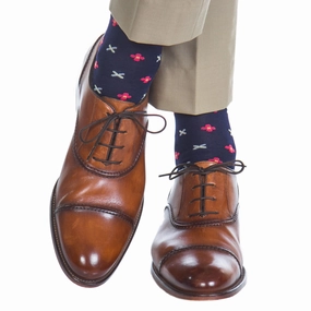 Classic Navy with Coral, Yolk, Ash, Cream Flower Neat Cotton Sock Linked Toe OTC