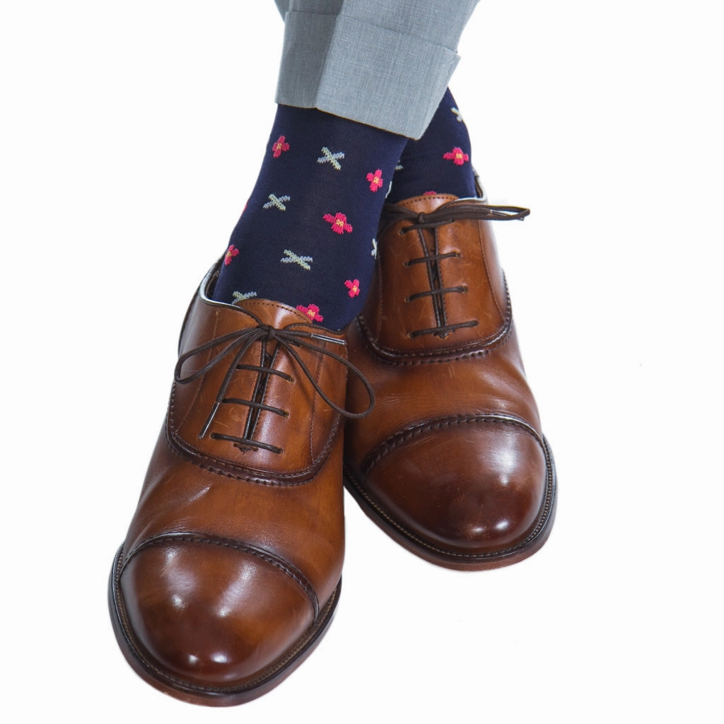 Classic Navy with Coral, Yolk, Ash, Cream Flower Neat Cotton Sock Linked Toe OTC