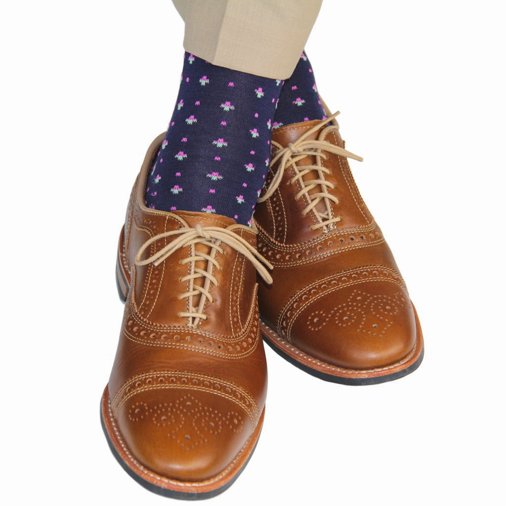 Classic Navy with Rose and Green Grass Split Tie Neats Cotton Sock Linked Toe OTC