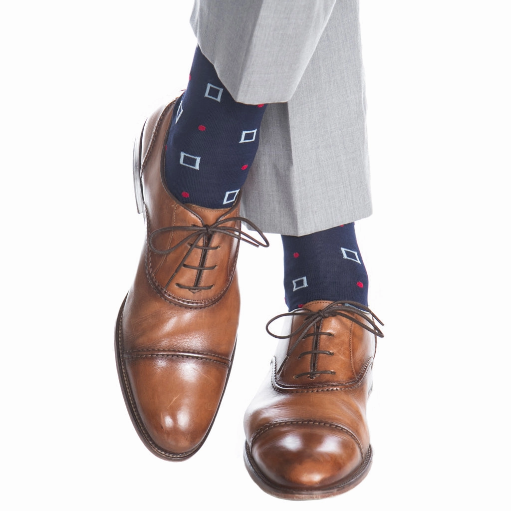 Classic Navy with Sky Blue Squares and Red Dot Cotton Socks Linked Toe Mid-Calf