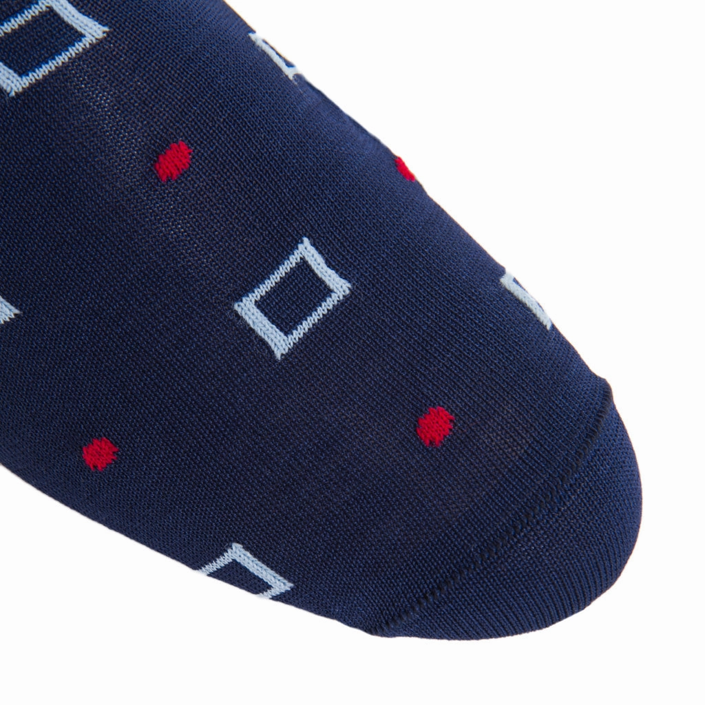 Classic Navy with Sky Blue Squares and Red Dot Cotton Socks Linked Toe Mid-Calf