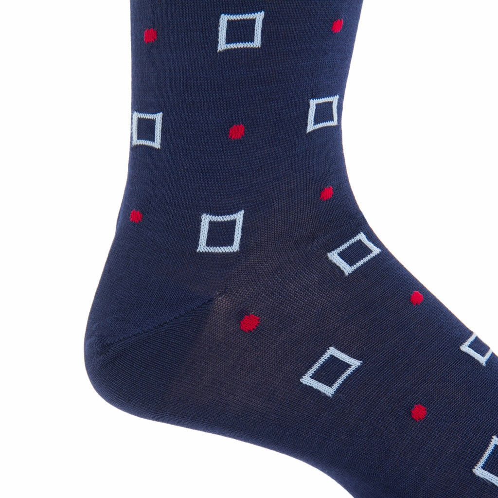 Classic Navy with Sky Blue Squares and Red Dot Cotton Socks Linked Toe Mid-Calf