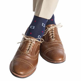 Classic Navy with Sky Blue Squares and Red Dot Cotton Socks Linked Toe Mid-Calf