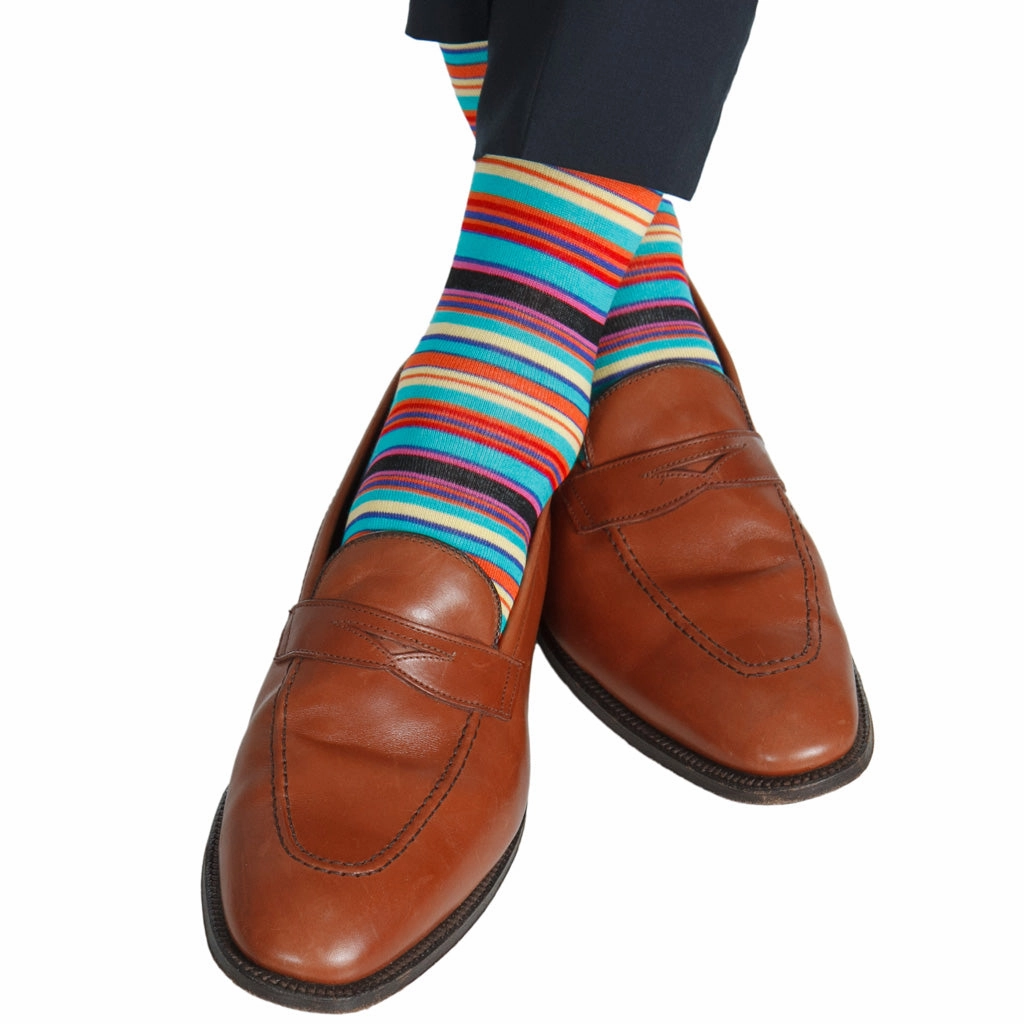Clematis Blue with Rose, Yolk, and Tigerlily Orange Stripe Cotton Sock Linked Toe OTC