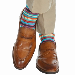 Clematis Blue with Rose, Yolk, and Tigerlily Orange Stripe Cotton Sock Linked Toe OTC