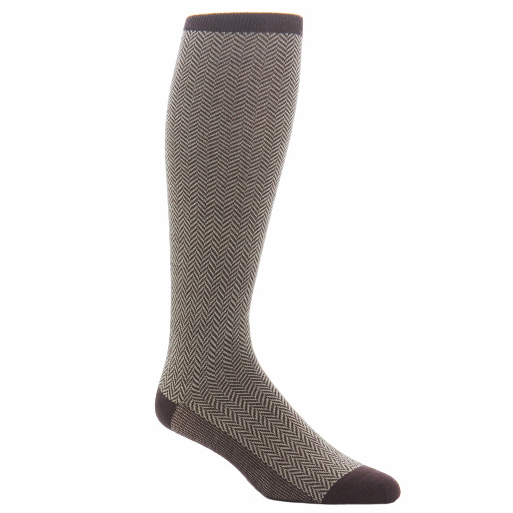 Coffee Brown and Taupe Herringbone Fine Merino Wool Sock Linked Toe OTC