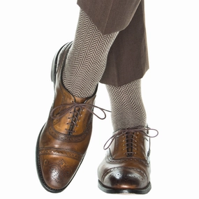 Coffee Brown and Taupe Herringbone Fine Merino Wool Sock Linked Toe OTC