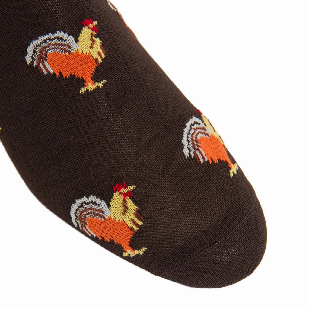 Coffee Brown with Orange, Yolk, Red, Whiskey and Steel Gray Rooster Cotton Sock Linked Toe OTC