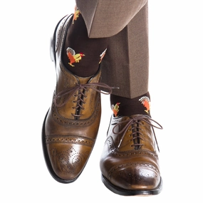 Coffee Brown with Orange, Yolk, Red, Whiskey and Steel Gray Rooster Cotton Sock Linked Toe OTC