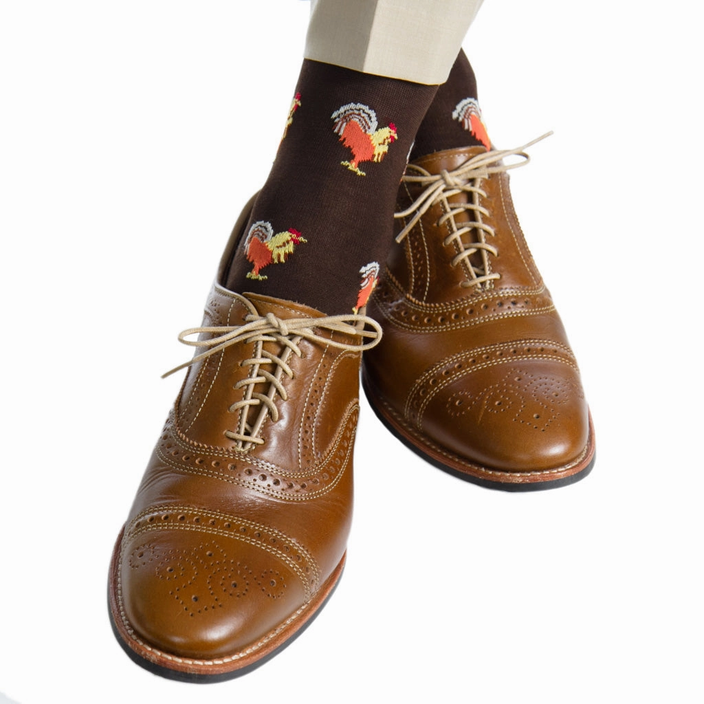 Coffee Brown with Orange, Yolk, Red, Whiskey and Steel Gray Rooster Cotton Sock Linked Toe OTC