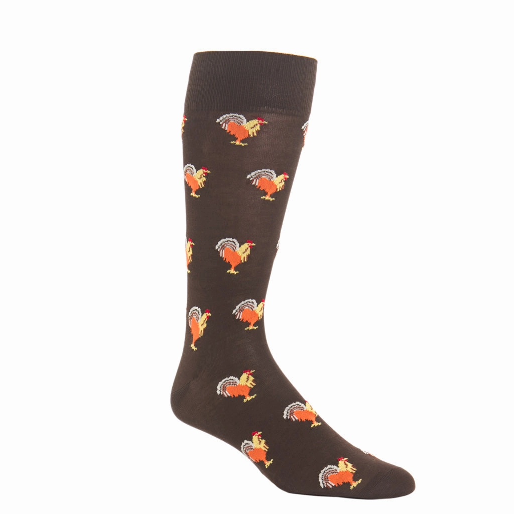 Coffee Brown with Orange, Yolk, Red, Whiskey and Steel Gray Rooster Cotton Sock Linked Toe OTC