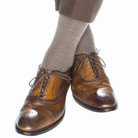 Coffee Brown with Taupe Herringbone Fine Merino Wool Sock Linked Toe Mid-Calf