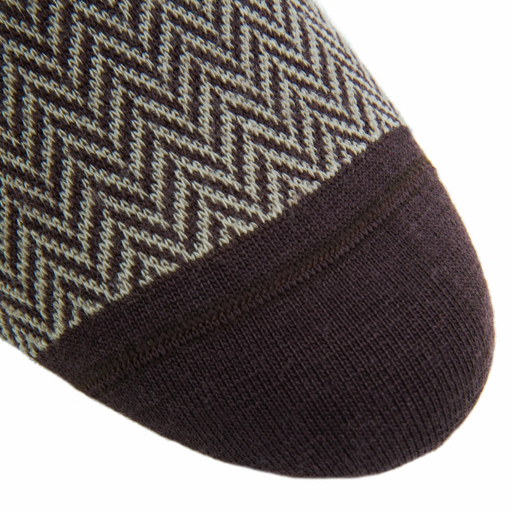 Coffee Brown with Taupe Herringbone Fine Merino Wool Sock Linked Toe Mid-Calf