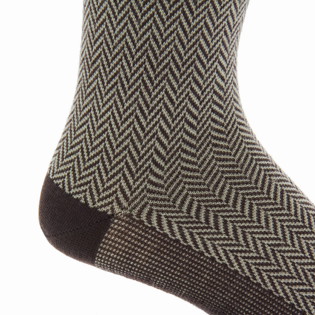 Coffee Brown with Taupe Herringbone Fine Merino Wool Sock Linked Toe Mid-Calf