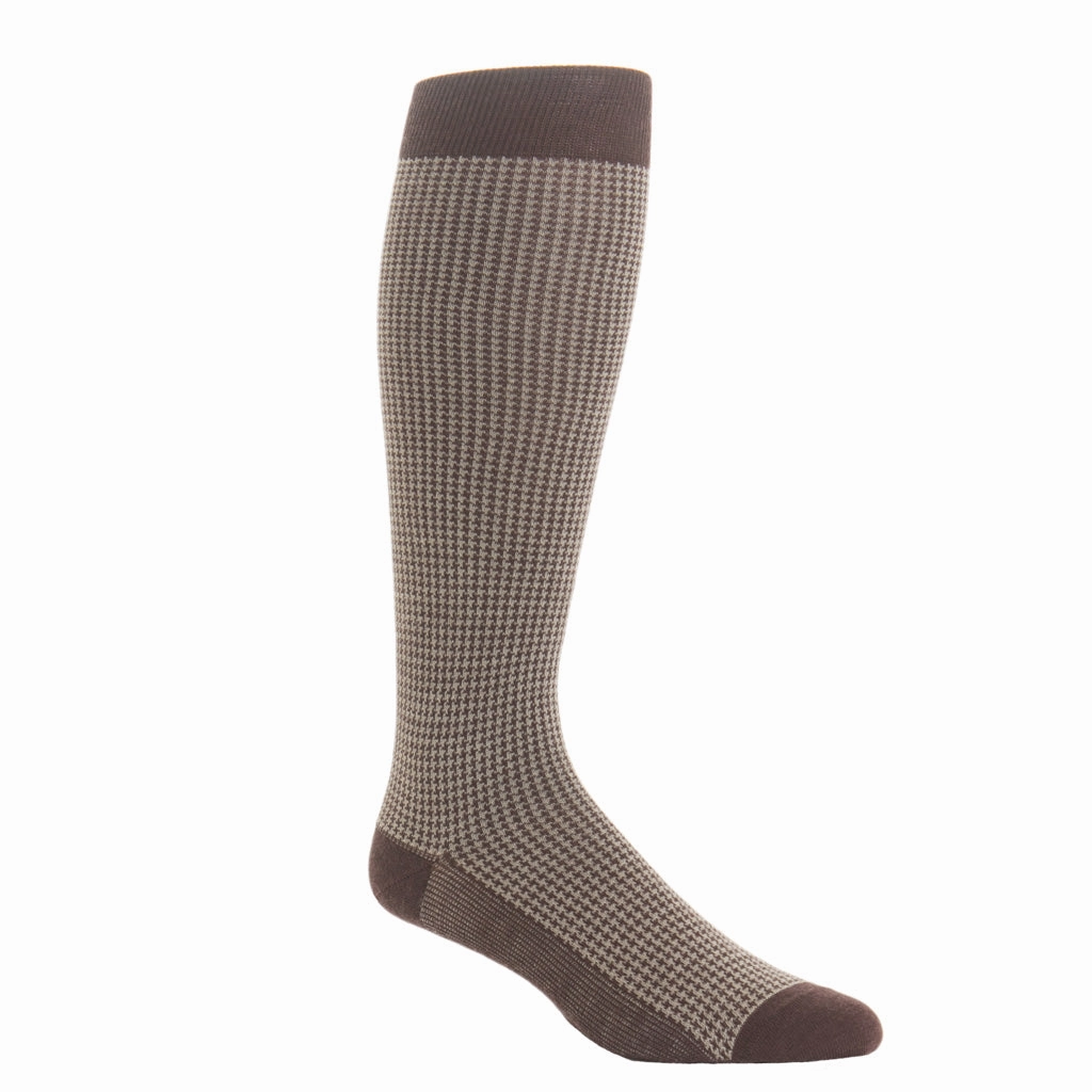 Coffee Brown with Taupe Houndstooth Fine Merino Wool Sock Linked Toe OTC
