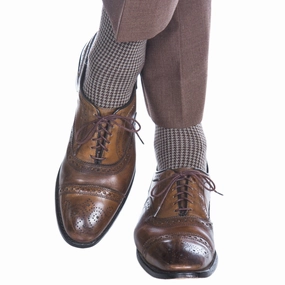 Coffee Brown with Taupe Houndstooth Fine Merino Wool Sock Linked Toe OTC