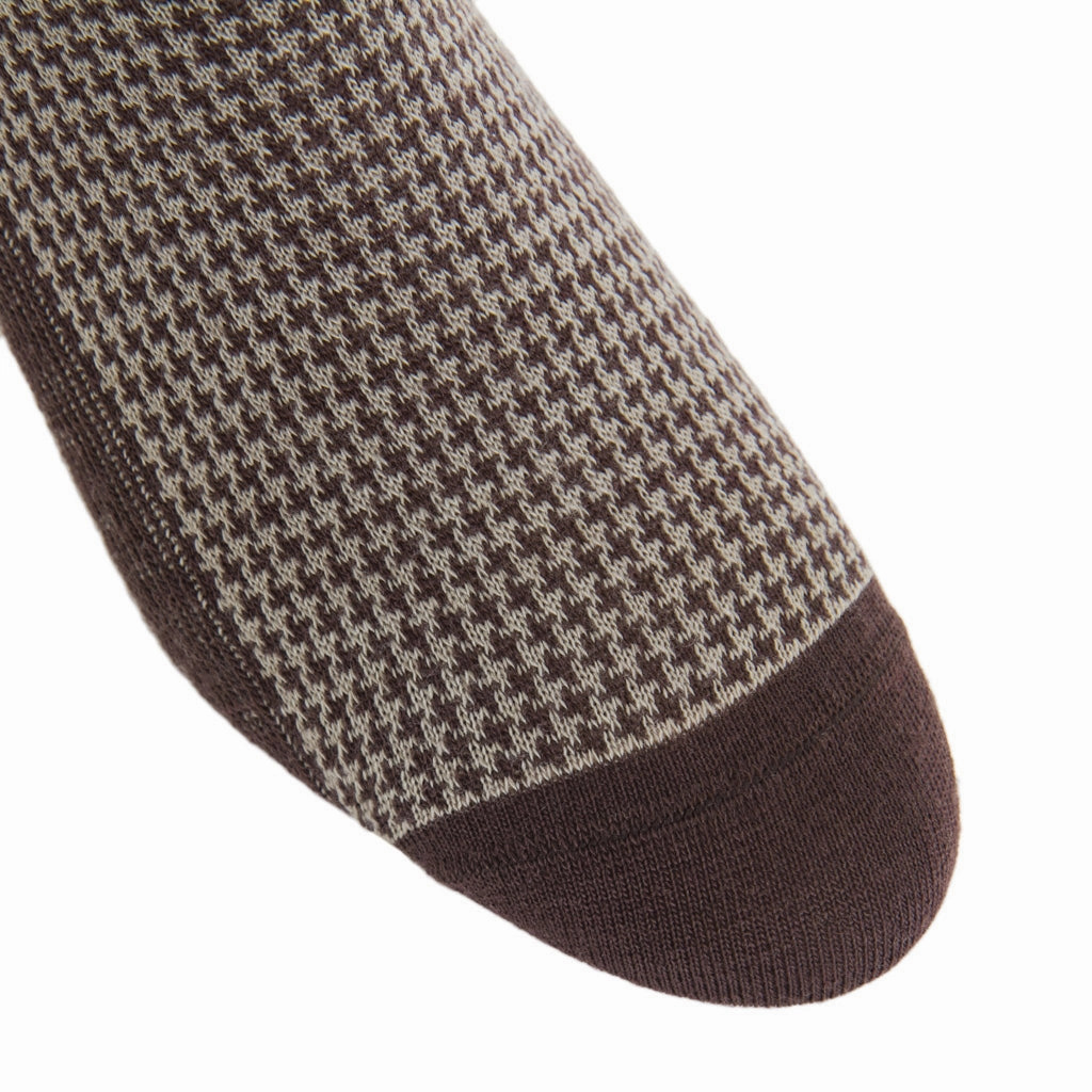Coffee Brown with Taupe Houndstooth Fine Merino Wool Sock Linked Toe OTC