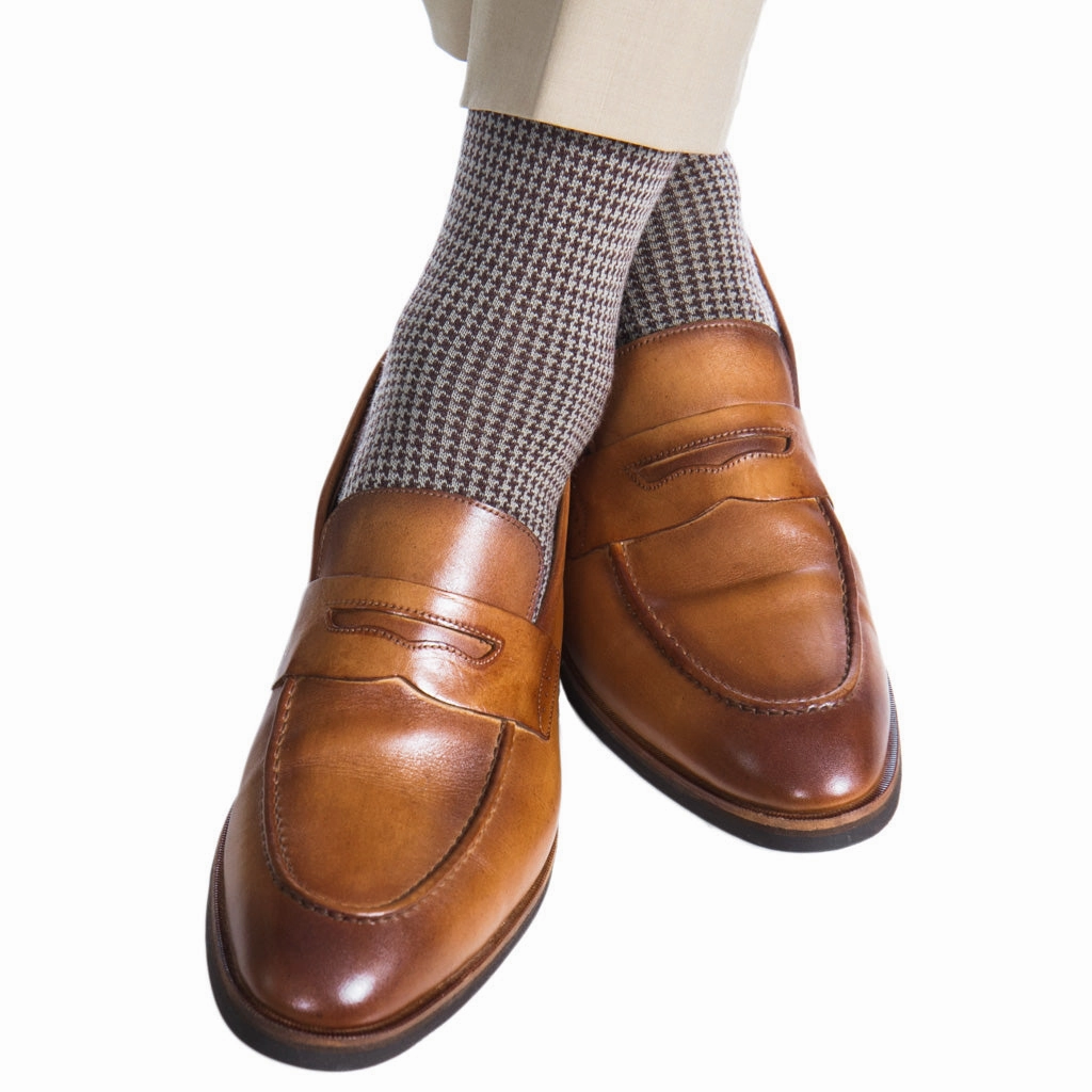 Coffee Brown with Taupe Houndstooth Fine Merino Wool Sock Linked Toe OTC