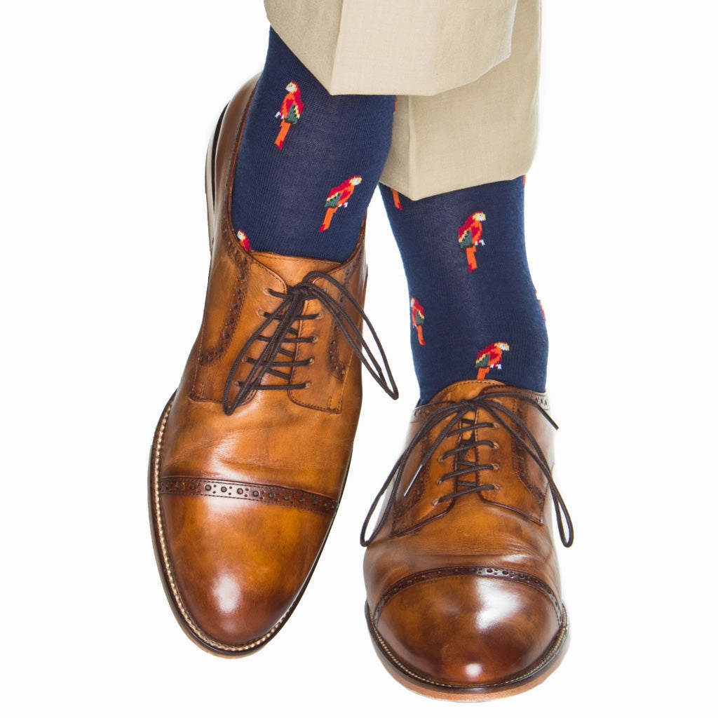 Dress Navy with Orange Red and Yellow Parrot Fine Merino Wool Sock Linked Toe OTC