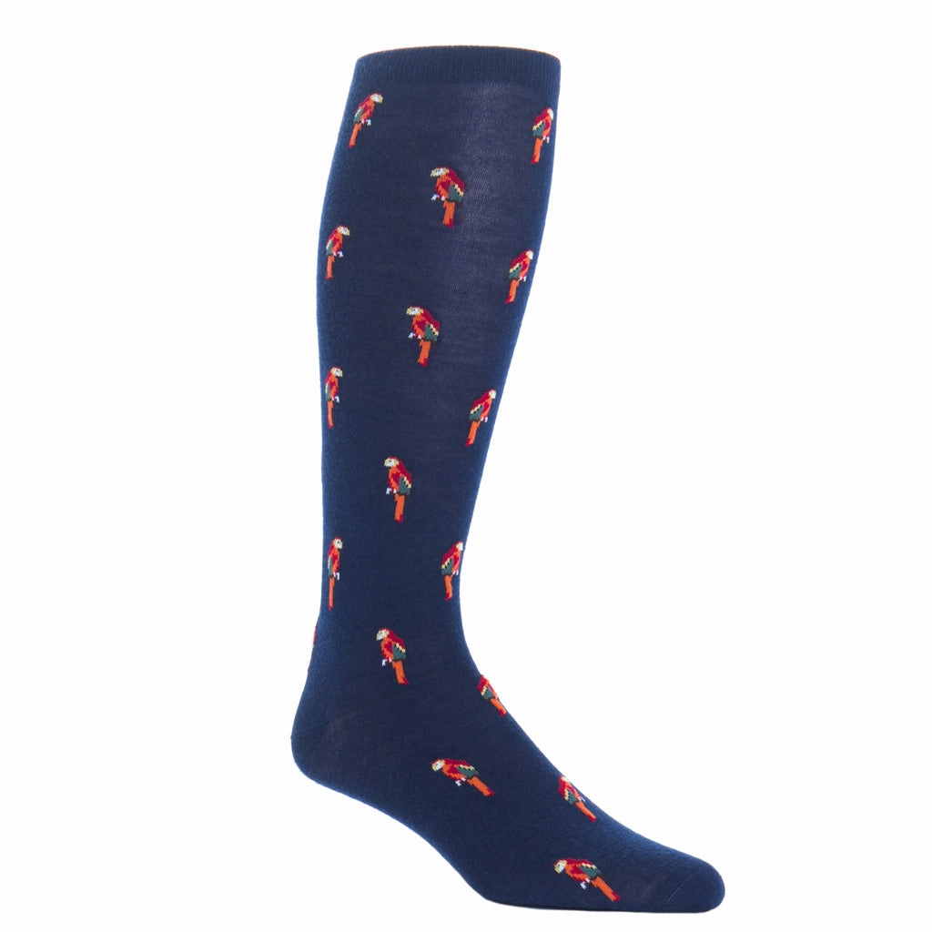 Dress Navy with Orange Red and Yellow Parrot Fine Merino Wool Sock Linked Toe OTC