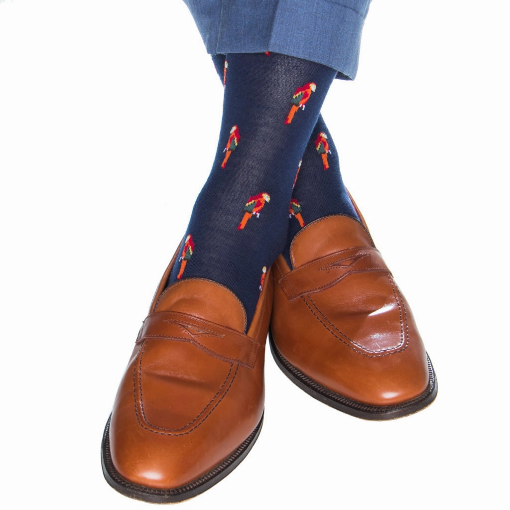 Dress Navy with Orange Red and Yellow Parrot Fine Merino Wool Sock Linked Toe OTC
