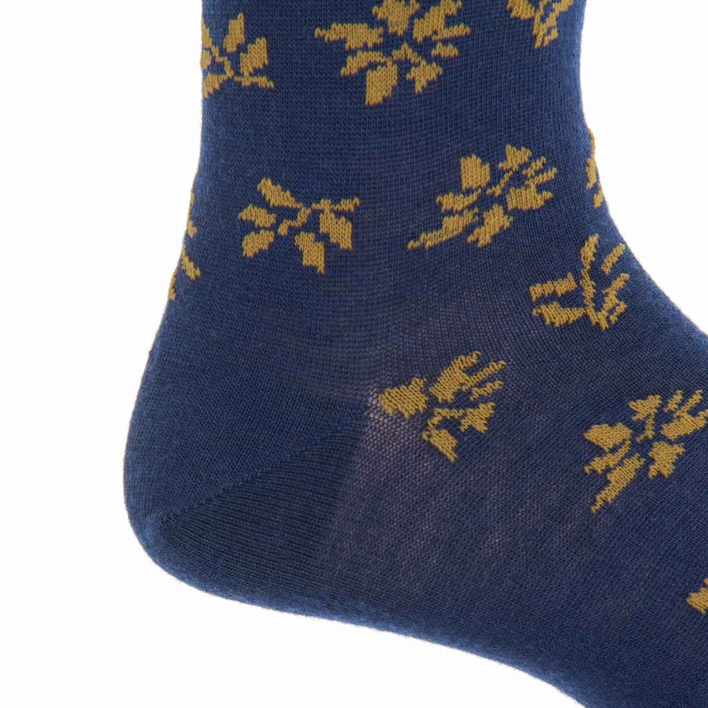 Dressed Navy with Gold Tossed Leaves Fine Merino Wool Sock Linked Toe Mid-Calf